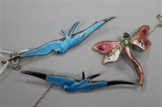 A Charles Horner silver and enamel bird brooch and two other enamelled brooches, 8cm.